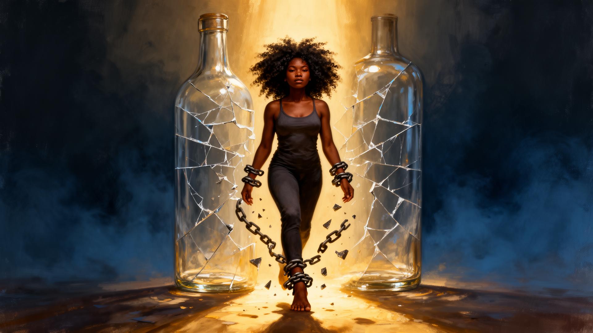 A Black woman stepping out of a shattered glass bottle as the chains fall away from her wrists and ankles, warm light ahead