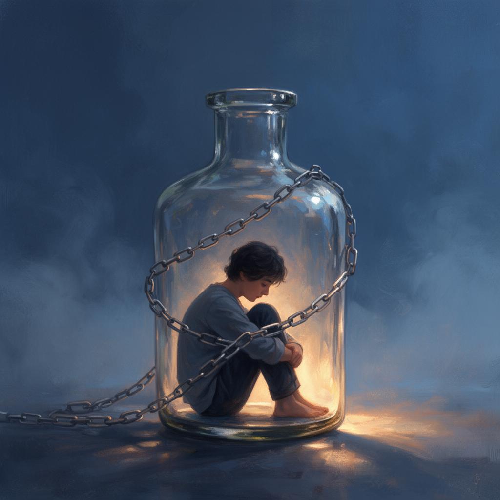 A figure curled inside a glass bottle wrapped in chains, symbolizing the bond between a person and addiction
